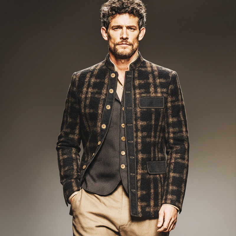 Men's Retro Stand-up Collar Imitation Wool Material Single Slit Multi-button Jacket MTA2469J2U