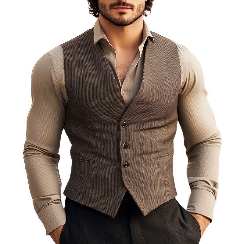 Men's Business V-Neck Striped Textured Three-Button Vest MTA2996G9U