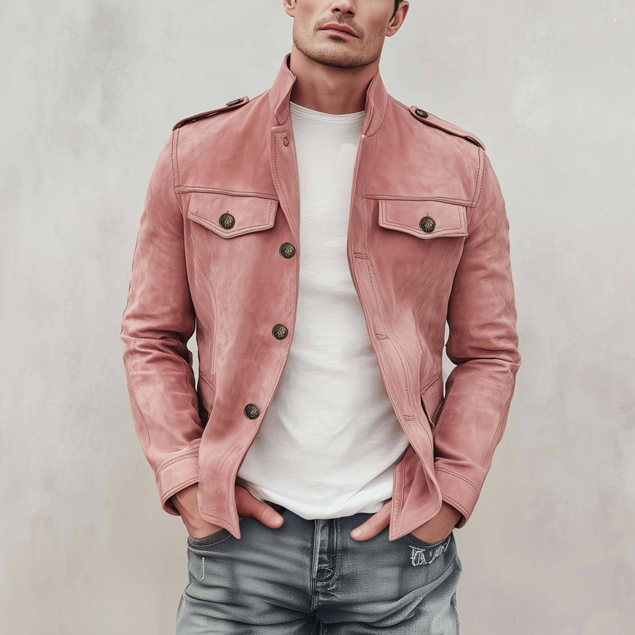 Men's Classic Retro Stand Collar Multi-pocket Pink Suede Slim Jacket MTA2232H7K