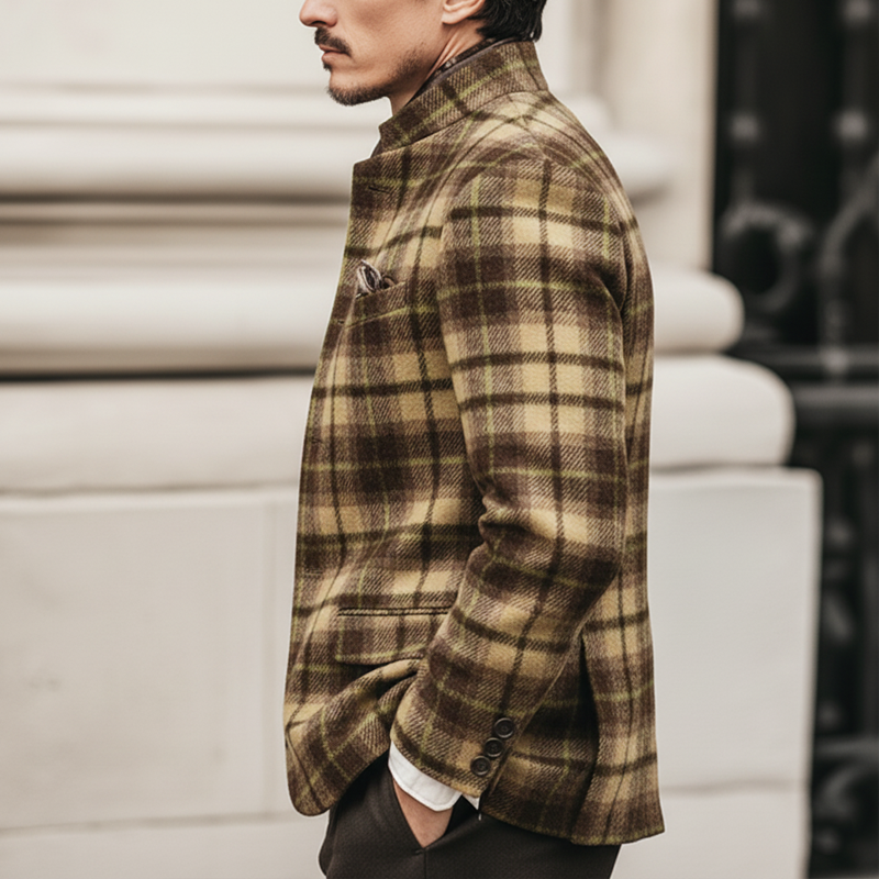 Men's Retro Plaid Stand Collar Double Slit Slim Fit Jacket MTA2296K8U