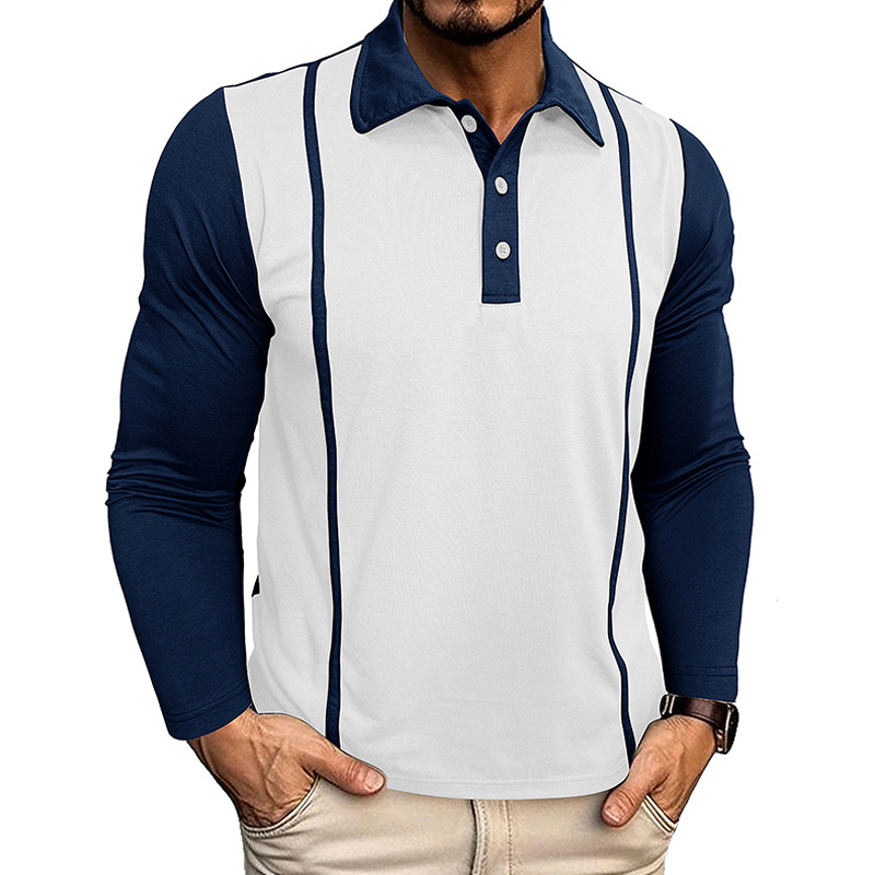 Men's Contrast Color Cotton Blend Long-sleeved Polo Shirt MTA2827G5X