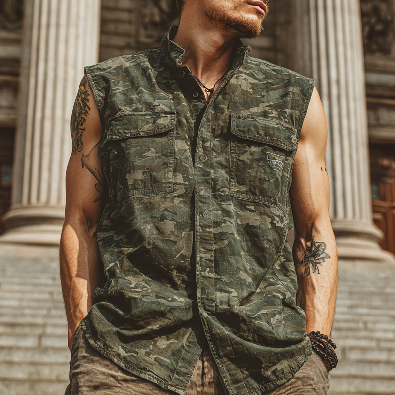 Men's Camouflage Print Sleeveless Lapel Shirt MTA0815G2X