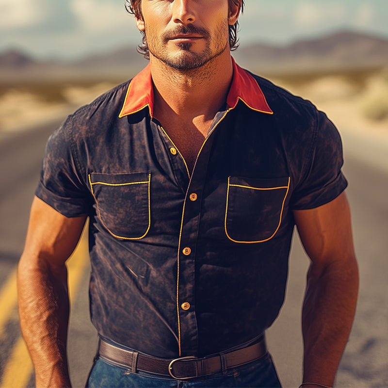 Herre sommerskjorte med kortermet mønster i western-cowboy-stil, fargeblokkmønster MTA1693E6U
