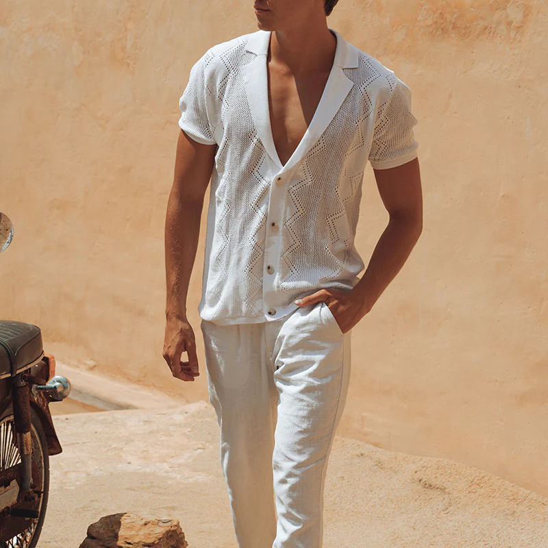 Men's Spring And Summer Fashion Casual Hollow Knitted Slim Short-sleeved Shirt MTA0948G3K