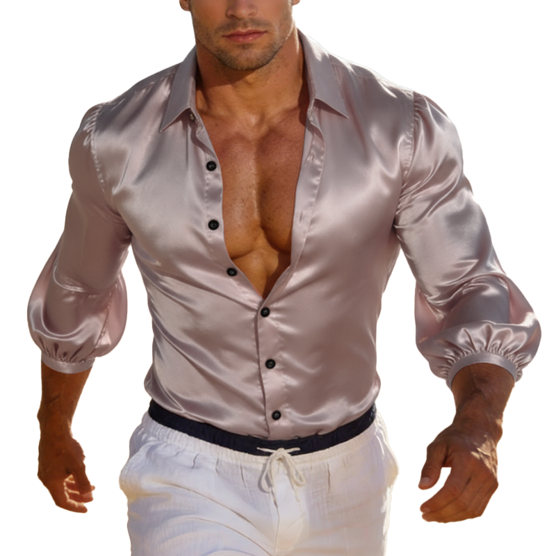 Men's Spring/Summer Fashion High-Elasticity Satin-Like Fabric Lantern Sleeve Long-Sleeved Shirt MTZ0519B1P