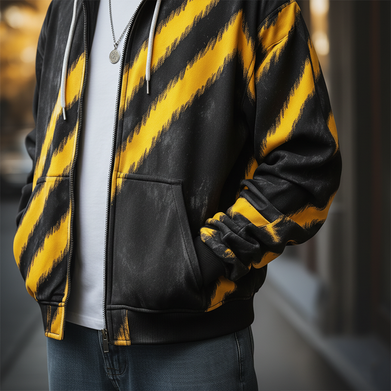 Men's Retro Distressed Color Block Printed Cotton Blend Hooded Cardigan MTA0341K7P