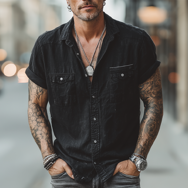 Men's Summer Fashion Washed Denim Short Sleeve Shirt MTA1404G3P