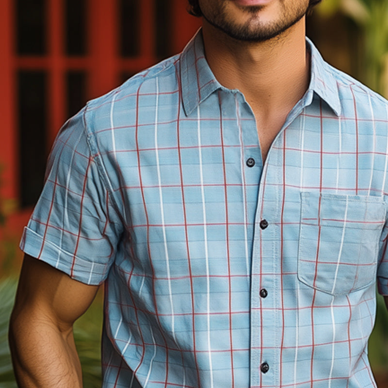 Men's Summer Basic Blue Plaid Short Sleeve Shirt MTA2642E1U
