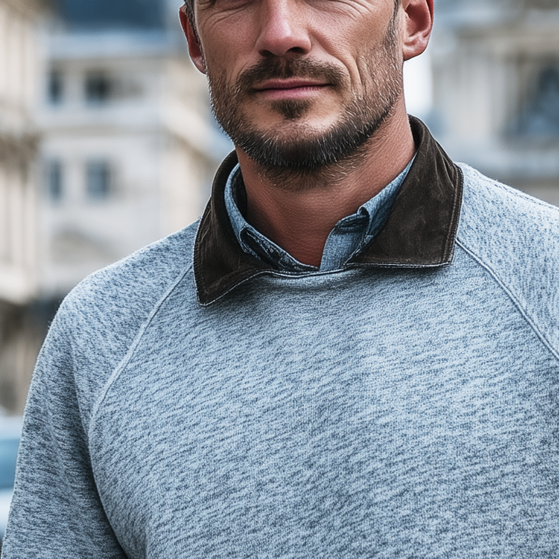 Men's Retro Light Grey Colorblock Lapel Casual Sweatshirt MTA1699J4U