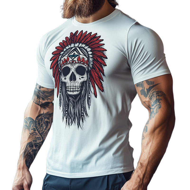 Men's Vintage Cotton Indian Skull Printed Casual Sports Round Neck Short Sleeve T-Shirt 50094979TO