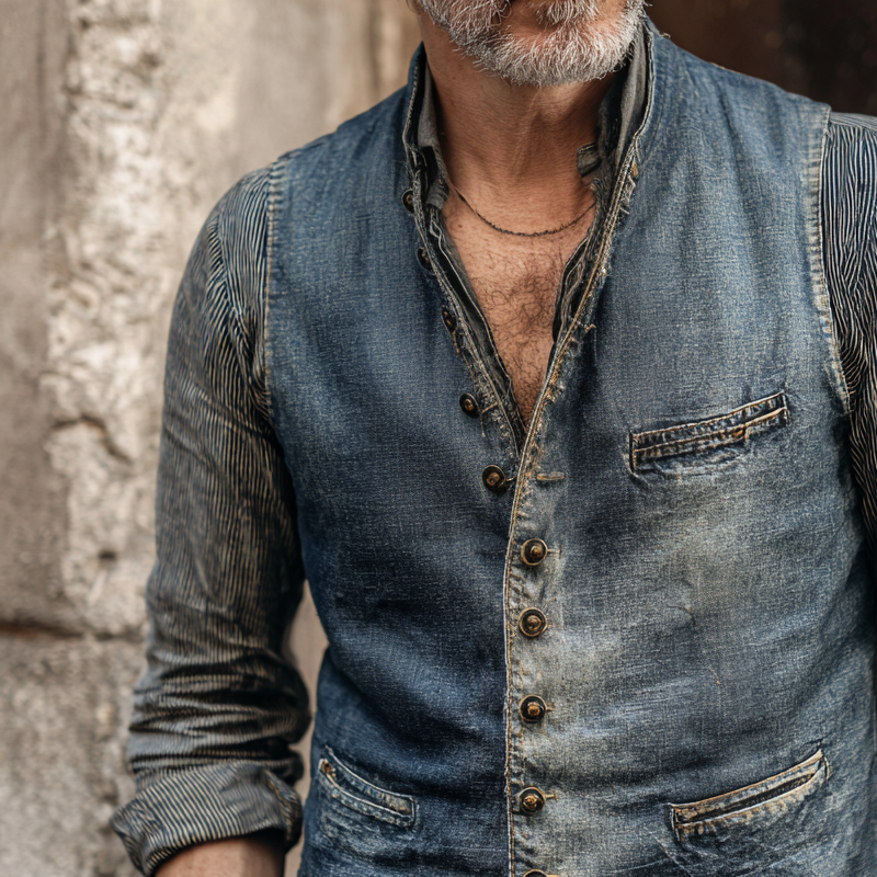 Men's Vintage Washed Denim Round Neck Single Breasted Multi-pocket Vest MTA2166H4Z
