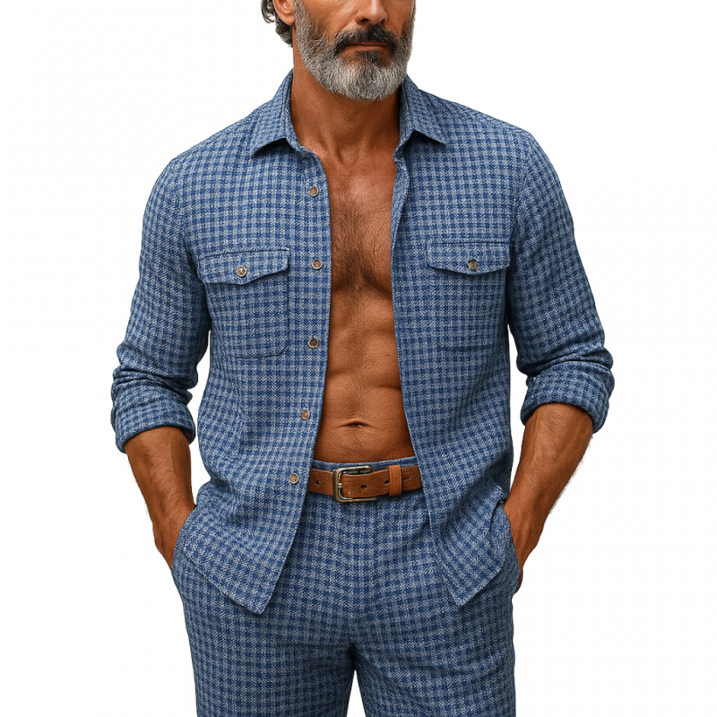 Men's Vintage Cotton Blend Plaid Lapel Chest Pocket Loose Long Sleeve Shirt MTA1293E3M