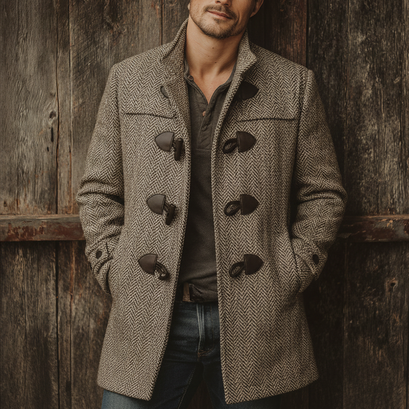 Men's Winter Fashionable Herringbone Faux Wool Horn Button Coat MTA1037J3P