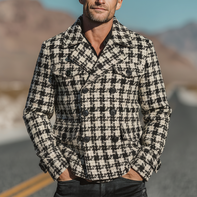 Men's Winter Fashion Plaid Tweed Double-breasted Lapel Short Coat MTA2687I4P