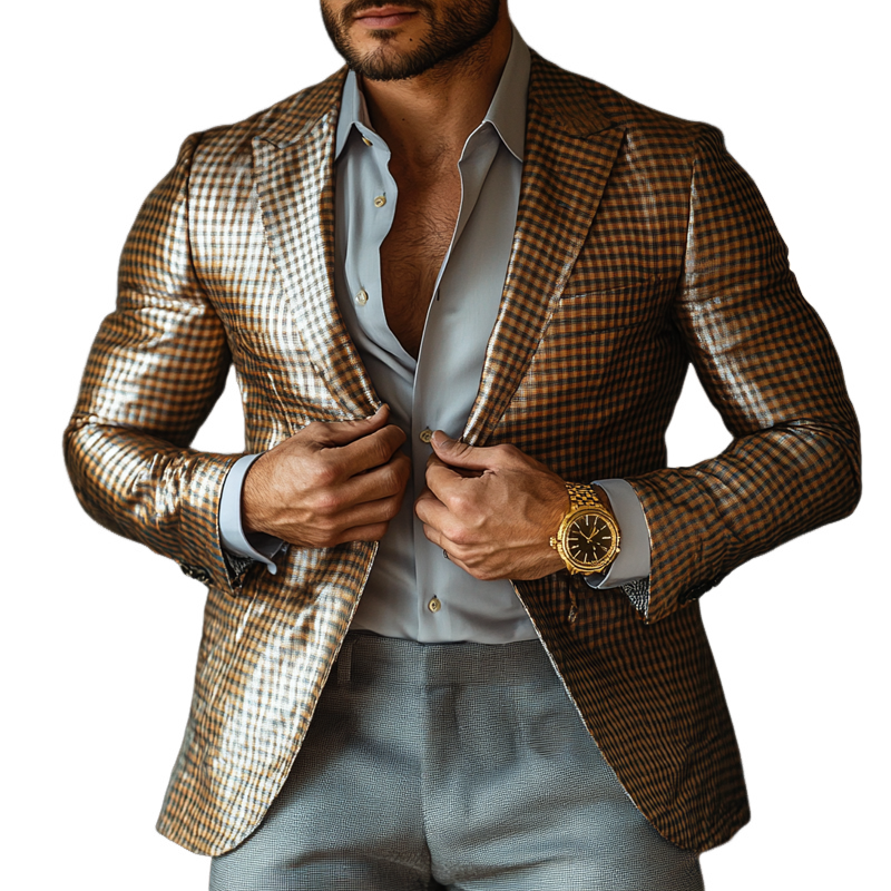 Herremote Rutete Satin Peak Lapel Blazer med to knapper 05880285Z