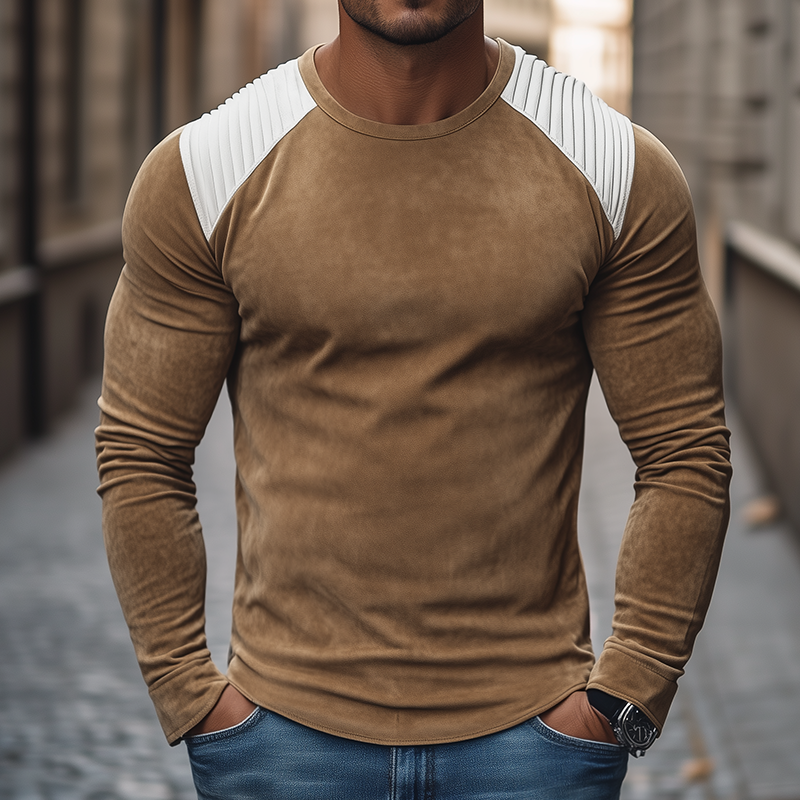 Men's Retro Casual Suede Pleated Round Neck Long Sleeve T-shirt MTA2184H2TO