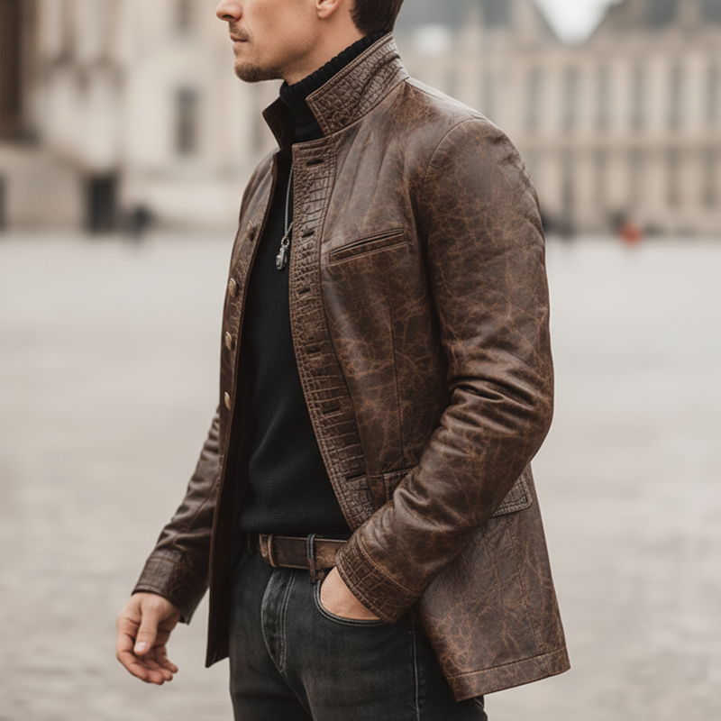 Men's Retro Stand Collar Multi-Button Distressed Patchwork Crocodile Texture PU Leather Jacket MTA1968K4U