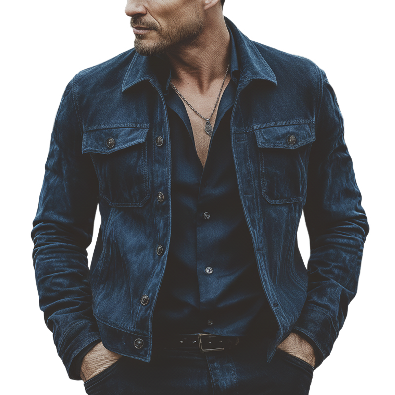 Men's Classic Navy Faux Suede High Hip Button-up Jacket MTZ0568A2U