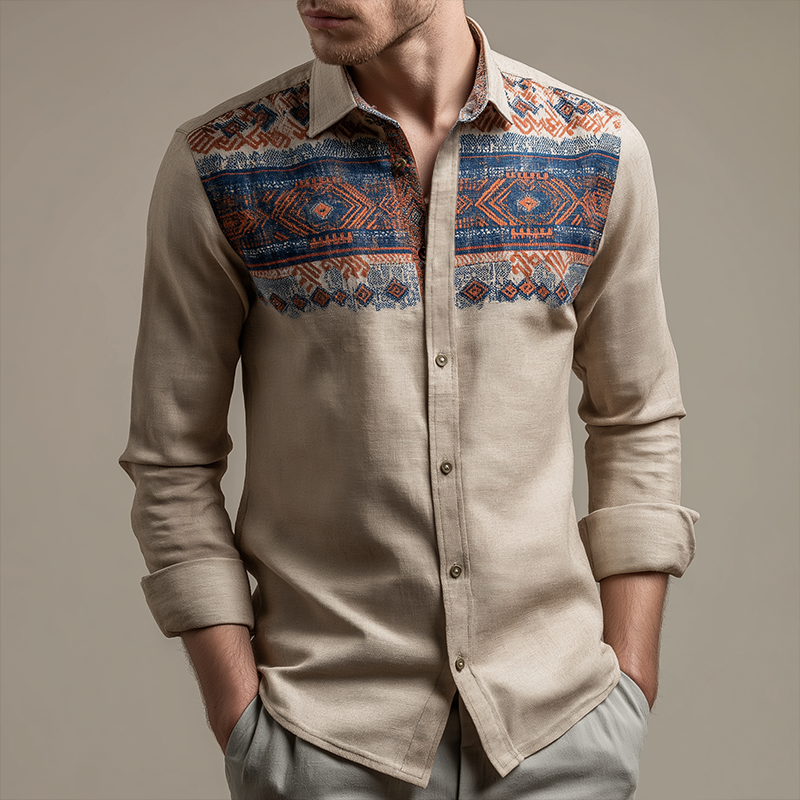 Men's Retro Casual Ethnic Style Geometric Print Lapel Long Sleeve Shirt MTA3176G4TO
