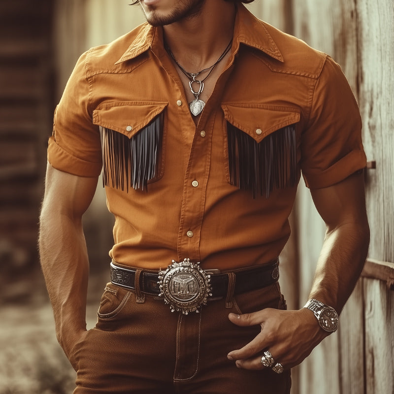 Men's Summer Western Cowboy Style Tassel Denim Short Sleeve Shirt MTA2064E6U