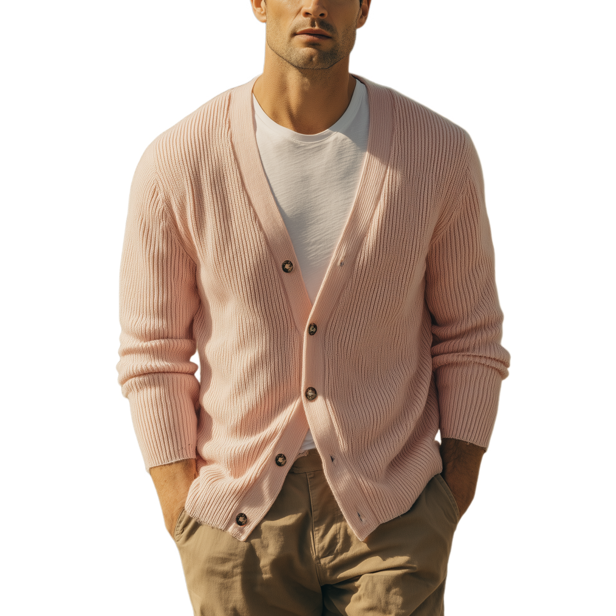 Men's Classic Casual V-neck Pink Knitted Cardigan MTA2964H0K