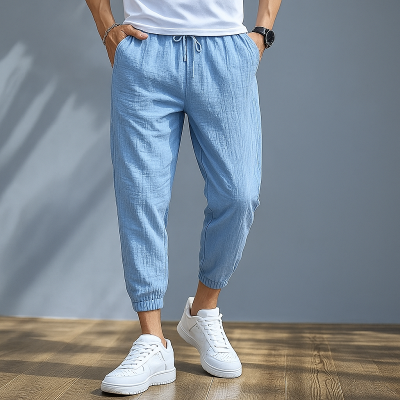 Men's Casual Cotton Linen Bubble Wrinkle Elastic Waist Loose Cropped Pants MTA1552E9M