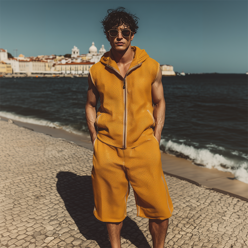 Men's Spring Summer Fashion Casual Mesh Cloth Hooded Zipper Sleeveless Shirt Elastic Waist Length To Knee Shorts Set MTA1965F5K