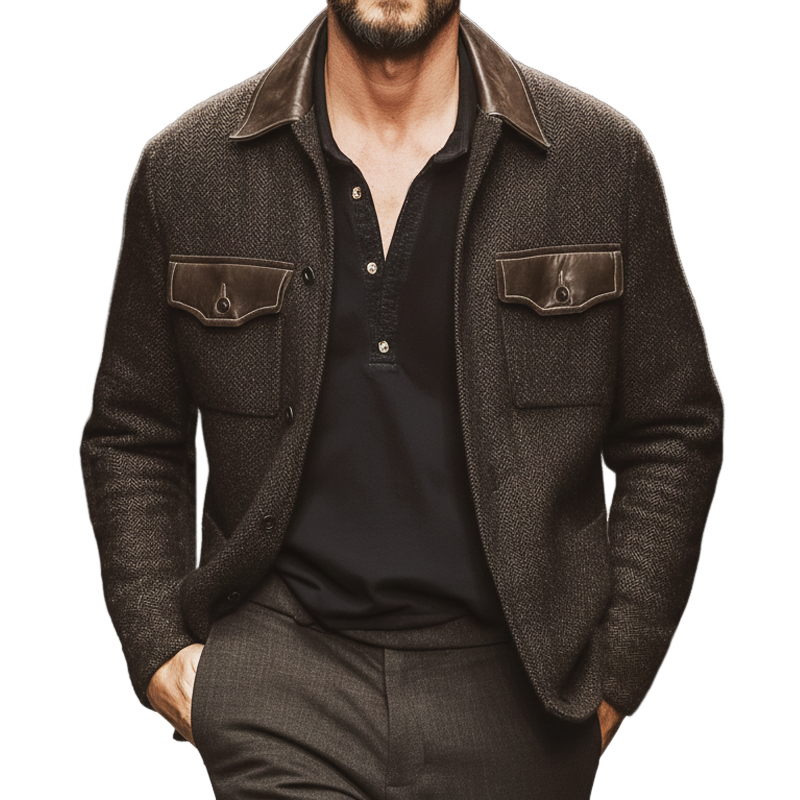 Men's Classic Herringbone Faux Wool And PU Leather Jacket MTA2392J5U