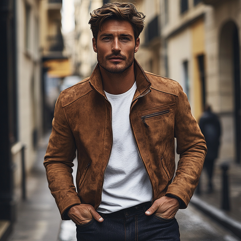 Men's Vintage Suede Lapel Zipper Slim Fit Jacket MTA1834H9X