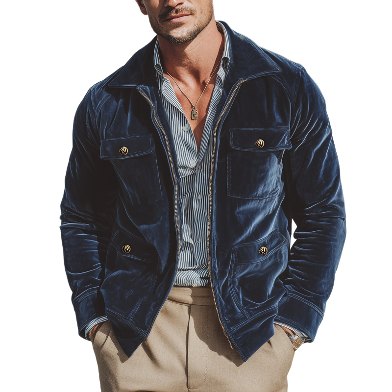 Men's Classic Navy Velvet Lapel Zip-Up Jacket MTA2963I9U
