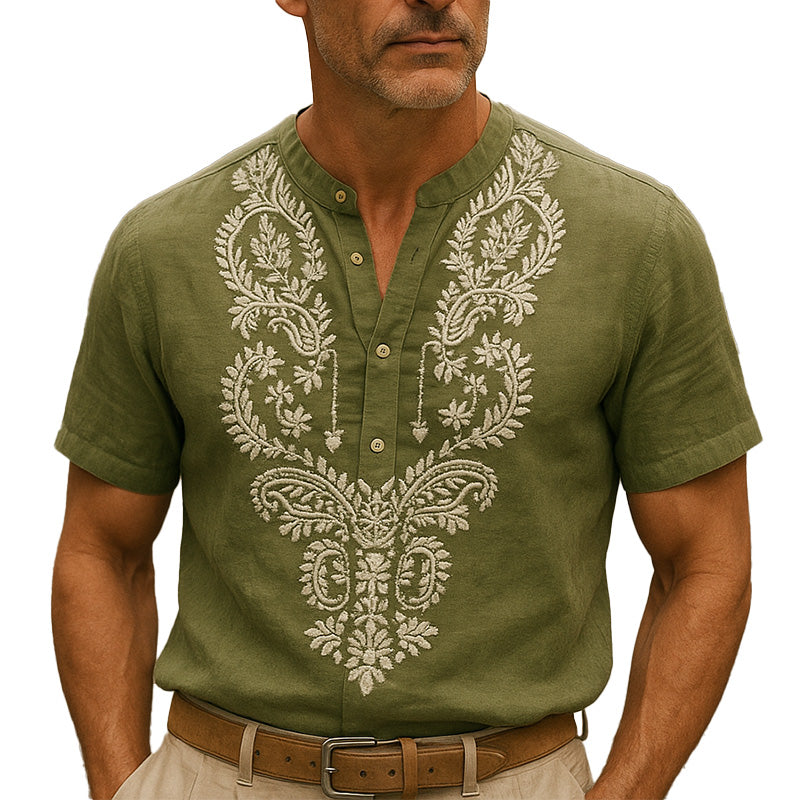 Men's Summer Fashion Solid Color Embroidery Linen Short Sleeve Shirt MTA2338E9P
