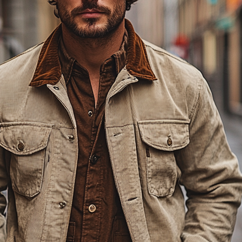 Men's Vintage Corduroy Lapel Colorblock Single-Breasted Jacket MTA2252I6X