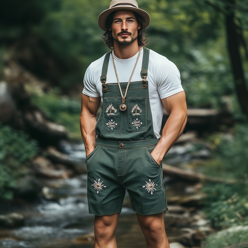 Men's Summer Classic Vintage Embroidered Denim Overalls MTA1256F3U