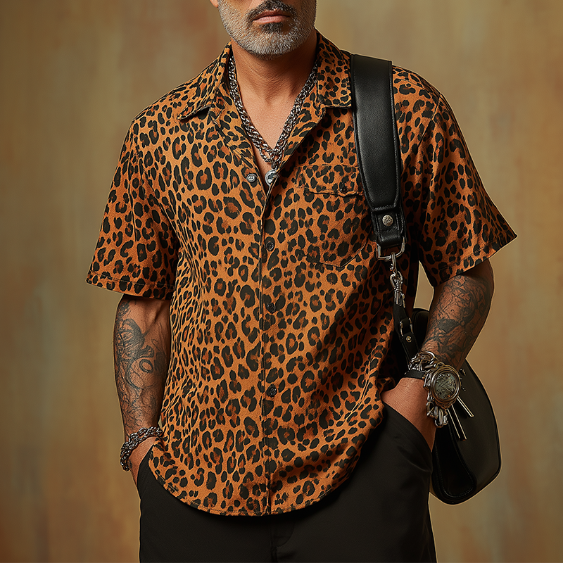 Men's Vintage Leopard Print Cotton Blend Short Sleeve Shirt MTA2193G8P