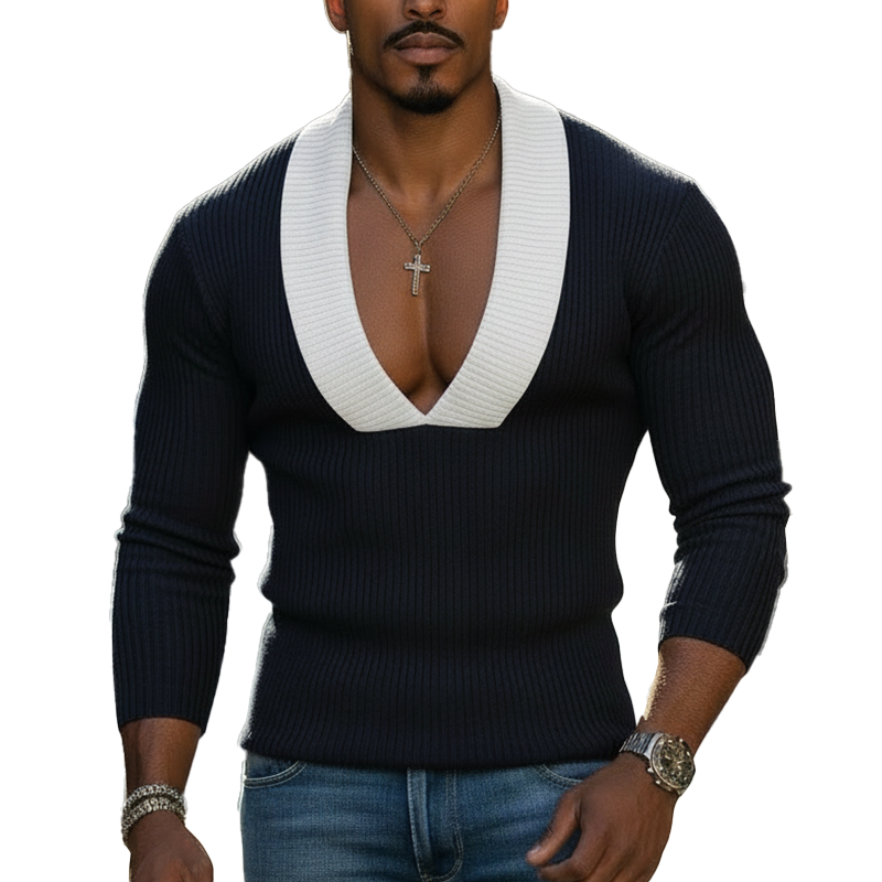 Men's Spring Fashion Cotton Blend Ribbed Slim Fit V-Neck Long-Sleeve T-Shirt MTZ0745A1P
