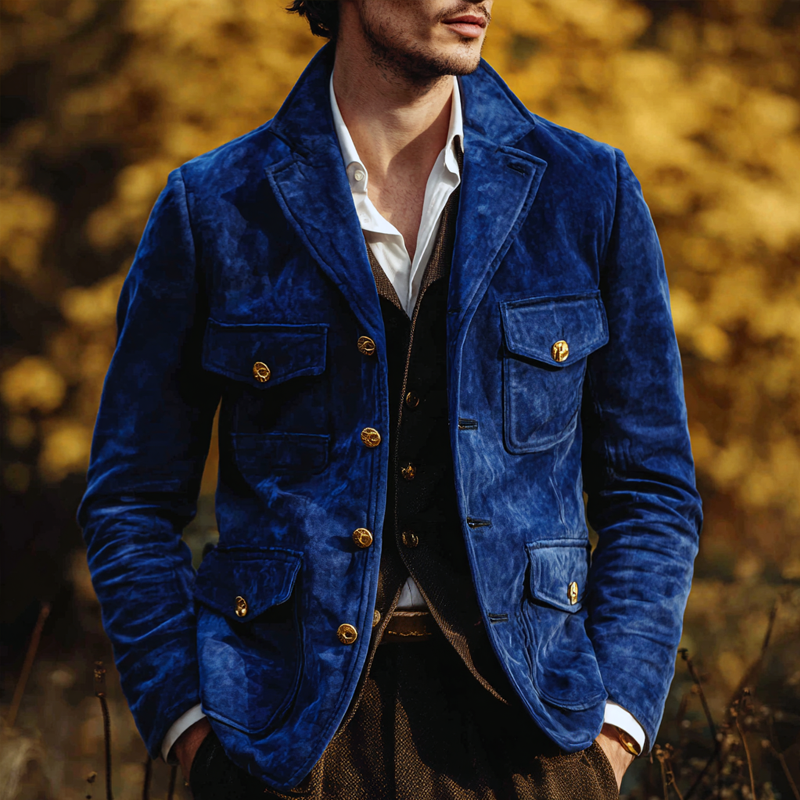 Men's Solid Suede Notch Lapel Multi-pocket Single Breasted Jacket MTA0306I7Z