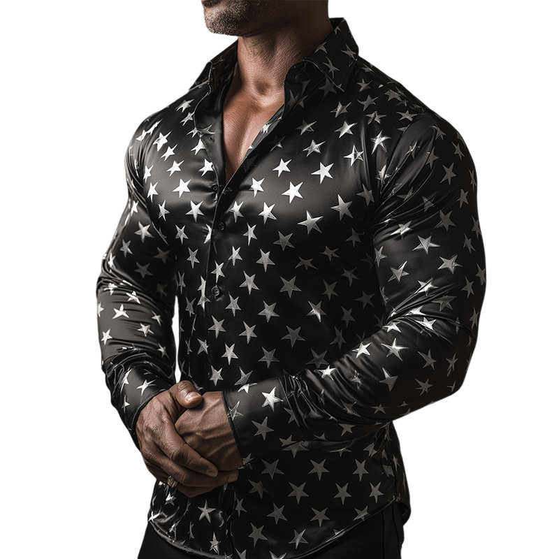 Men's Retro Casual Star Print Satin Lapel Long Sleeve Shirt MTA3045G2TO