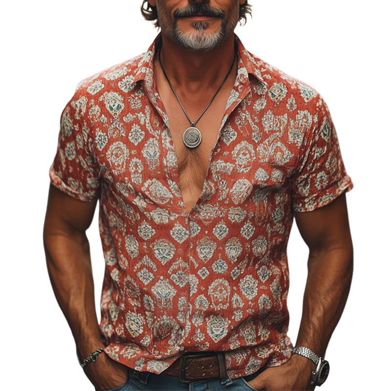 Men's Retro Printed Casual Short Sleeve Shirt 50634825U