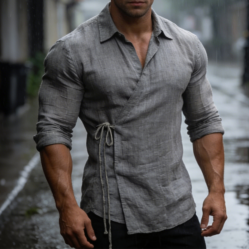 Men's Vintage Casual Cotton And Linen Lapel Long-Sleeved Shirt MTA1693L4TO