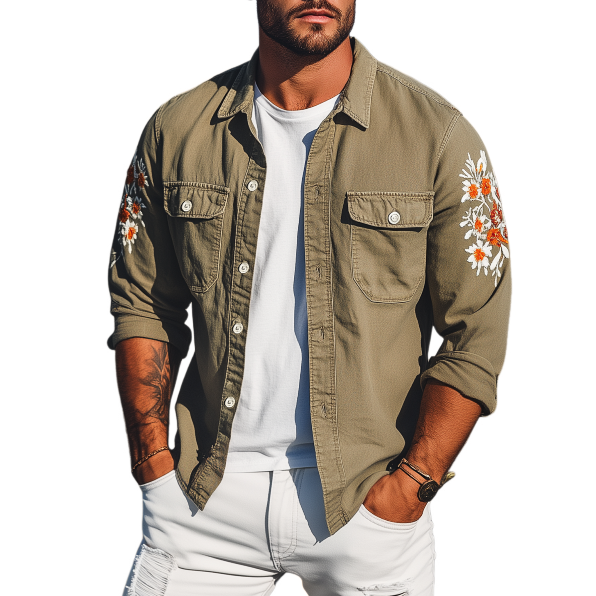 Men's Vintage Casual Washed Cotton Blend Sleeve Embroidered Long Sleeve Shirt MTA1917G1K