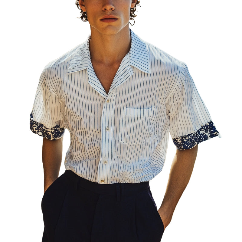 Men's Striped Printed Lace Cuff Short Sleeve Shirt MTA1548E0X
