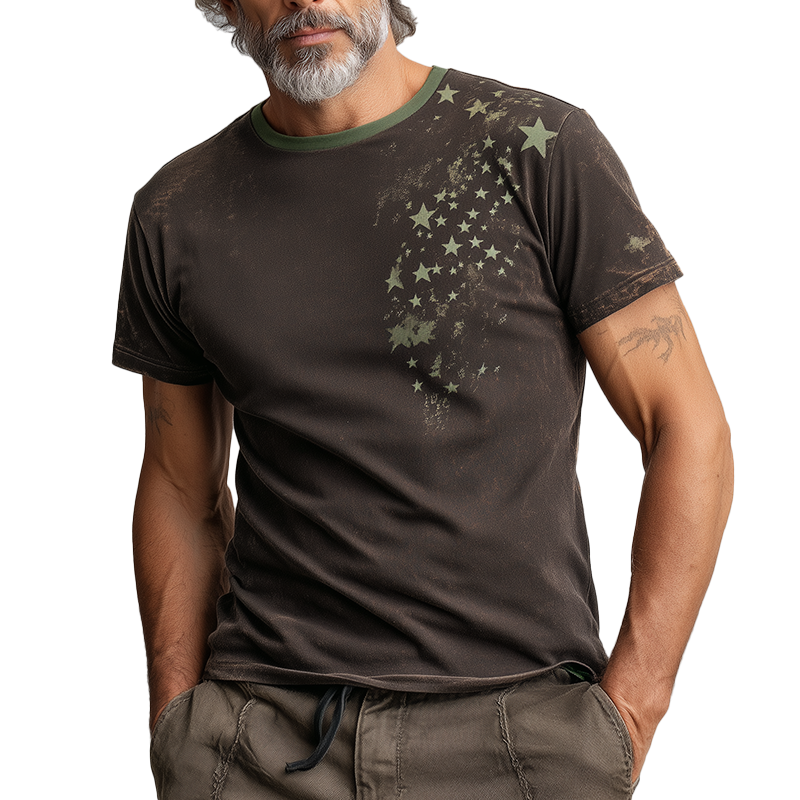 Men's Summer Fashion Star Print Distressed Cotton Blend Short-Sleeved T-Shirt MTA0385G0P