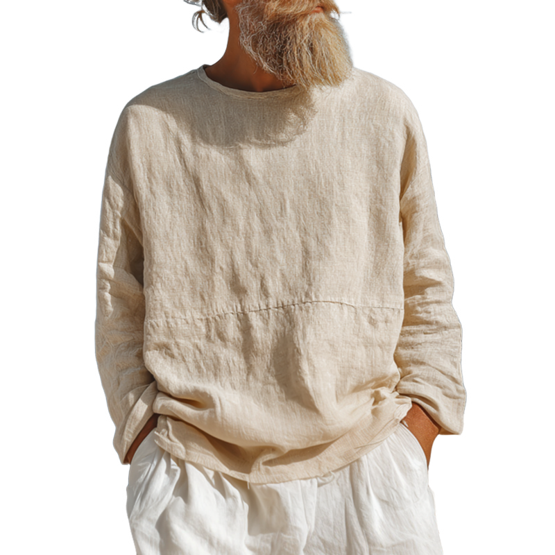 Men's Casual Breathable Cotton Linen Round Neck Loose Long-sleeved T-shirt MTA0121G9M