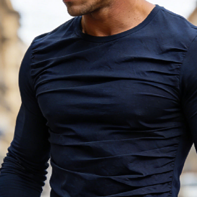 Men's Retro Casual Solid Color Pleated Crew Neck Long Sleeve T-shirt MTA2415L6TO