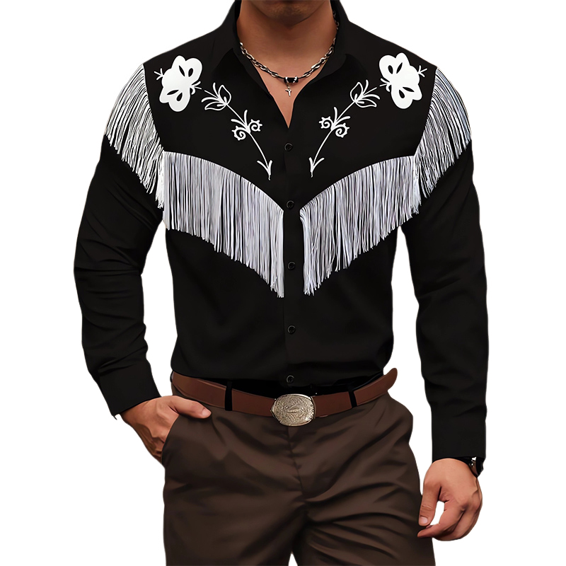 Men's Vintage Embroidered Tassel Long Sleeve Cotton Shirt 67104892U