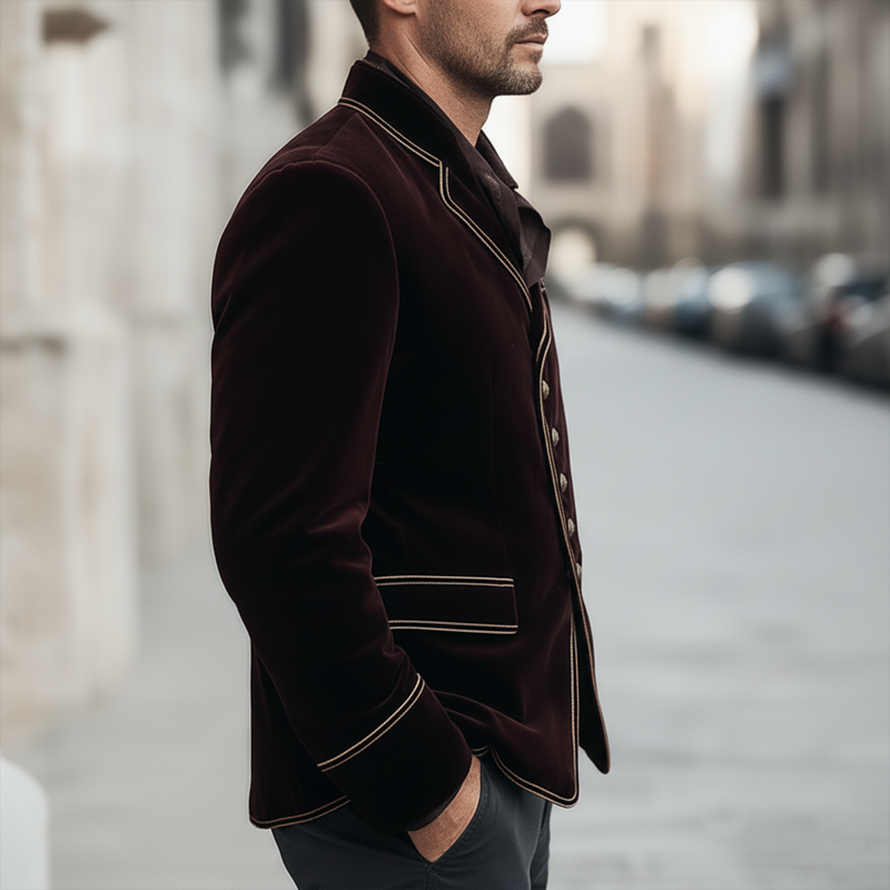 Men's Classic Velvet Burgundy Diagonal Button Double Slit Jacket MTA2906K6U