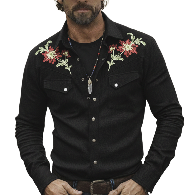 Men's Western Cowboy Style Twill 100% Cotton Floral Embroidery Long-Sleeve Shirt MTZ1297A1U