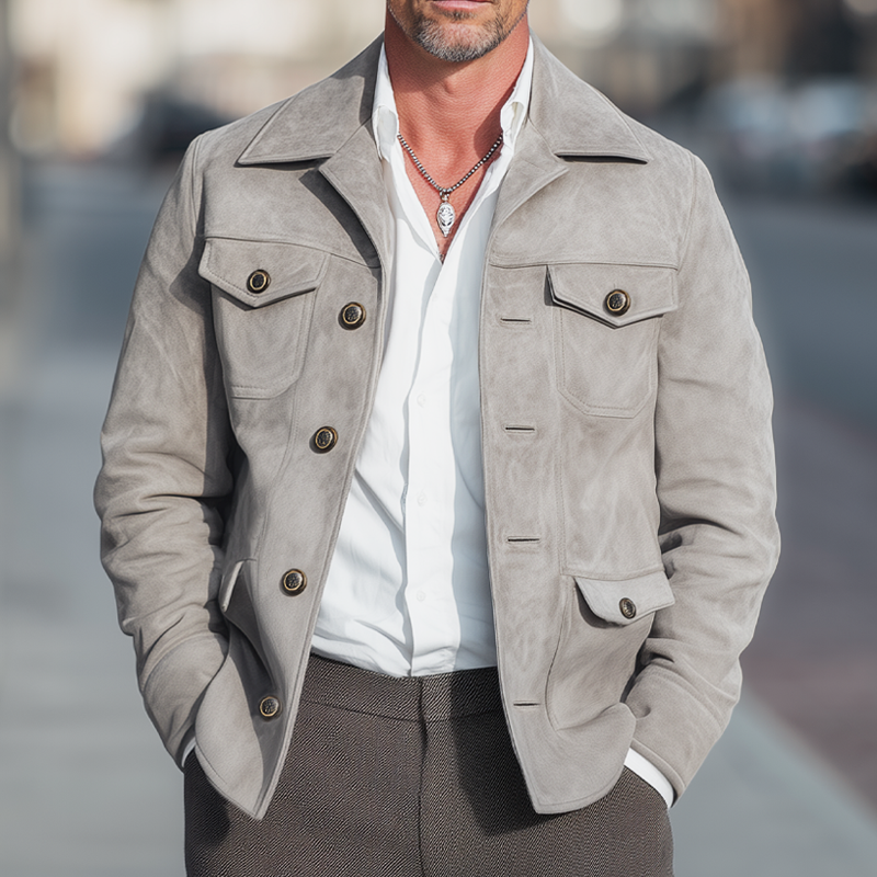 Men's Vintage Elephant Grey Button-Down Suede Jacket MTA1618H7U