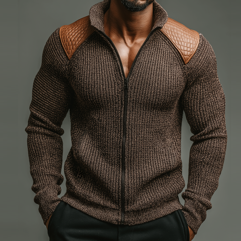 Men's Retro Casual PU Splicing Zipper Knitted Cardigan Sweater MTA1584I0TO