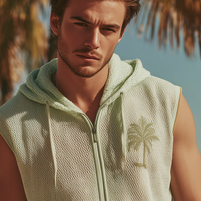 Men's Spring And Summer Fashion Casual Mesh Embroidery Hooded Zipper Sleeveless Shirt MTA1928F1K
